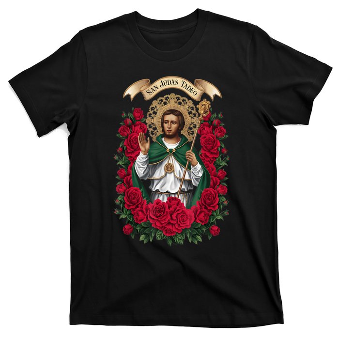 Red Roses San Judas Tadeo Con Bandera De MéXico God T-Shirt