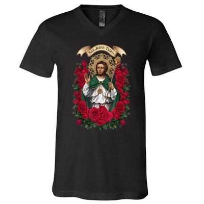 Red Roses San Judas Tadeo Con Bandera De MéXico God V-Neck T-Shirt