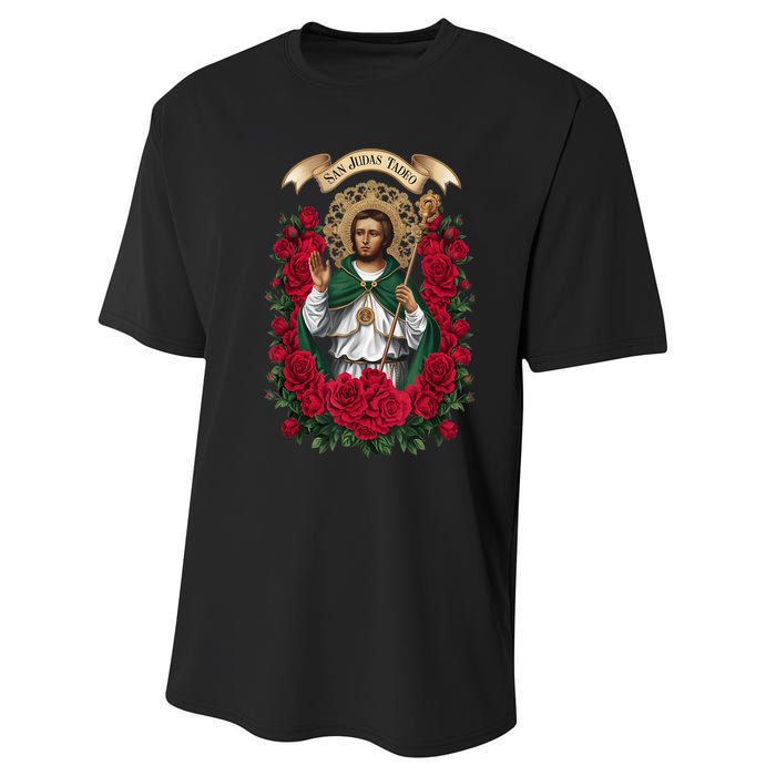 Red Roses San Judas Tadeo Con Bandera De MéXico God Performance Sprint T-Shirt