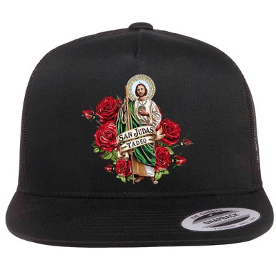 Red Roses San Judas Tadeo Con Bandera De MéXico Flat Bill Trucker Hat