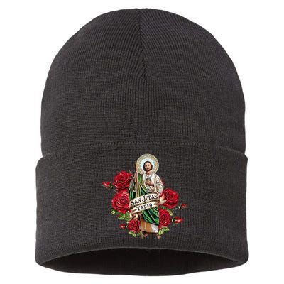 Red Roses San Judas Tadeo Con Bandera De MéXico Sustainable Knit Beanie