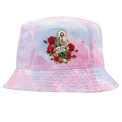 Red Roses San Judas Tadeo Con Bandera De MéXico Tie-Dyed Bucket Hat