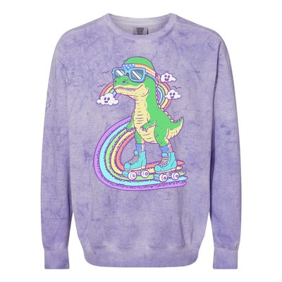 Retro Roller Skating Dinosaur With Rainbow And Cloud Friends Colorblast Crewneck Sweatshirt