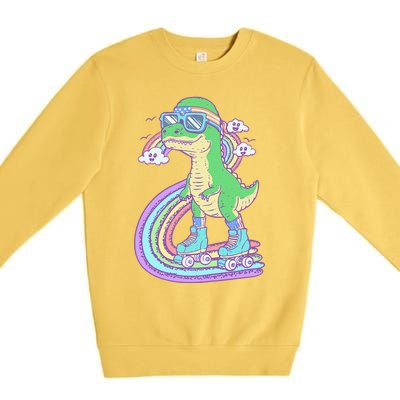 Retro Roller Skating Dinosaur With Rainbow And Cloud Friends Premium Crewneck Sweatshirt