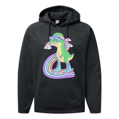 Retro Roller Skating Dinosaur With Rainbow And Cloud Friends Performance Fleece Hoodie