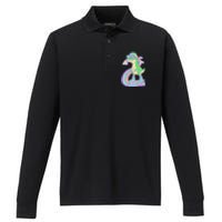 Retro Roller Skating Dinosaur With Rainbow And Cloud Friends Performance Long Sleeve Polo