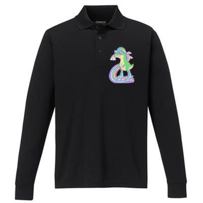 Retro Roller Skating Dinosaur With Rainbow And Cloud Friends Performance Long Sleeve Polo