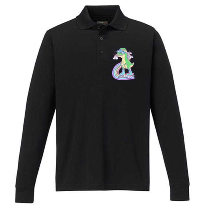 Retro Roller Skating Dinosaur With Rainbow And Cloud Friends Performance Long Sleeve Polo