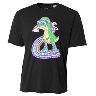 Retro Roller Skating Dinosaur With Rainbow And Cloud Friends Cooling Performance Crew T-Shirt