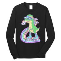 Retro Roller Skating Dinosaur With Rainbow And Cloud Friends Long Sleeve Shirt