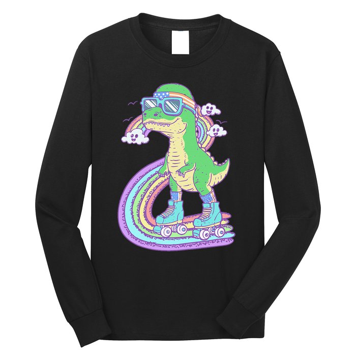 Retro Roller Skating Dinosaur With Rainbow And Cloud Friends Long Sleeve Shirt