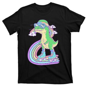 Retro Roller Skating Dinosaur With Rainbow And Cloud Friends T-Shirt