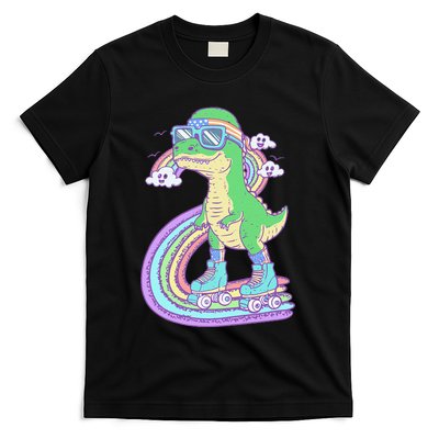 Retro Roller Skating Dinosaur With Rainbow And Cloud Friends T-Shirt