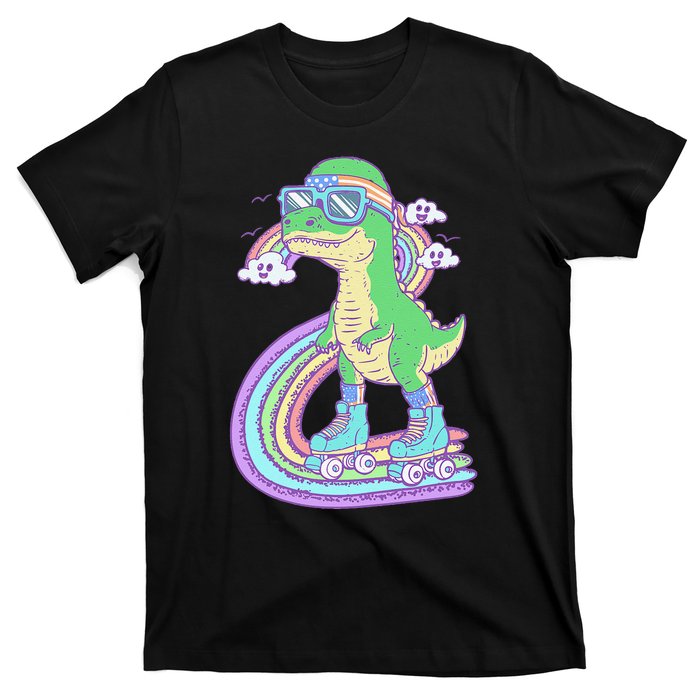 Retro Roller Skating Dinosaur With Rainbow And Cloud Friends T-Shirt