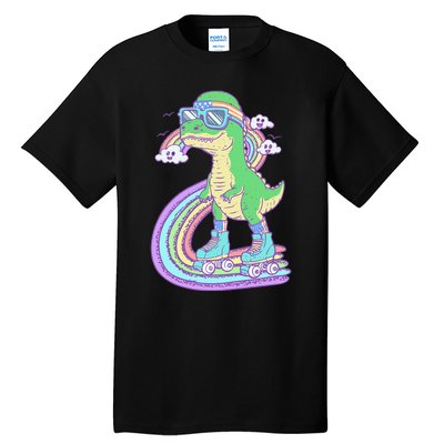 Retro Roller Skating Dinosaur With Rainbow And Cloud Friends Tall T-Shirt