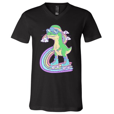 Retro Roller Skating Dinosaur With Rainbow And Cloud Friends V-Neck T-Shirt