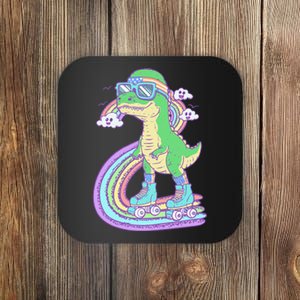 Retro Roller Skating Dinosaur With Rainbow And Cloud Friends Coaster