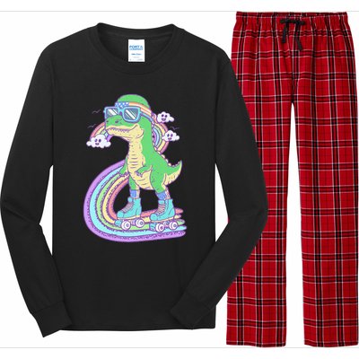 Retro Roller Skating Dinosaur With Rainbow And Cloud Friends Long Sleeve Pajama Set