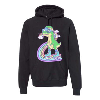 Retro Roller Skating Dinosaur With Rainbow And Cloud Friends Premium Hoodie