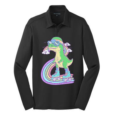 Retro Roller Skating Dinosaur With Rainbow And Cloud Friends Silk Touch Performance Long Sleeve Polo