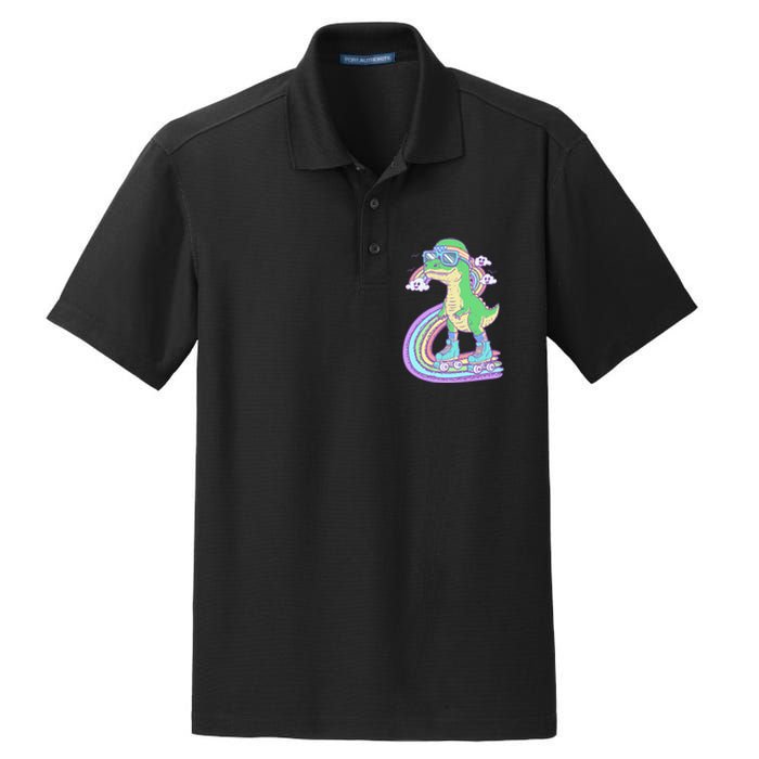 Retro Roller Skating Dinosaur With Rainbow And Cloud Friends Dry Zone Grid Polo