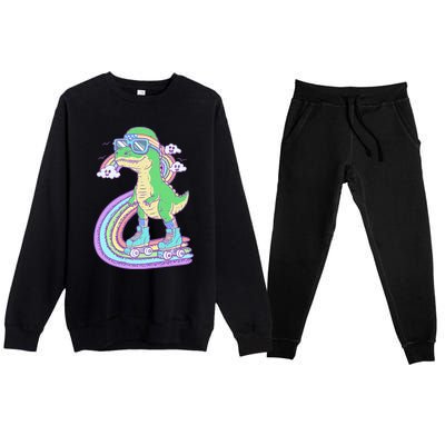 Retro Roller Skating Dinosaur With Rainbow And Cloud Friends Premium Crewneck Sweatsuit Set