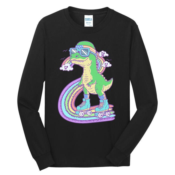 Retro Roller Skating Dinosaur With Rainbow And Cloud Friends Tall Long Sleeve T-Shirt