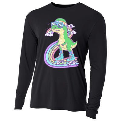 Retro Roller Skating Dinosaur With Rainbow And Cloud Friends Cooling Performance Long Sleeve Crew