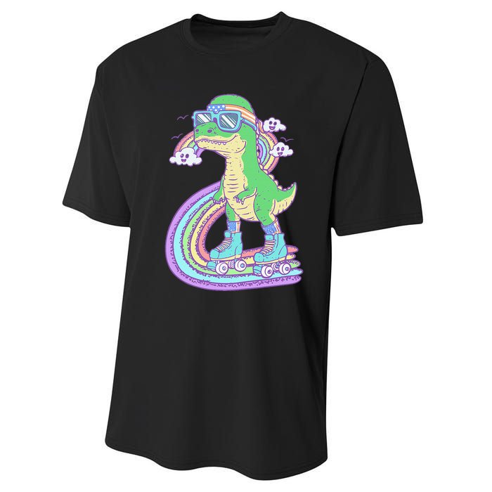 Retro Roller Skating Dinosaur With Rainbow And Cloud Friends Performance Sprint T-Shirt