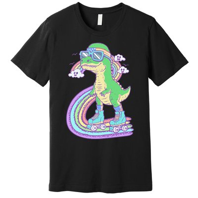 Retro Roller Skating Dinosaur With Rainbow And Cloud Friends Premium T-Shirt