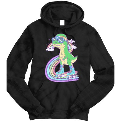 Retro Roller Skating Dinosaur With Rainbow And Cloud Friends Tie Dye Hoodie