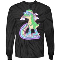 Retro Roller Skating Dinosaur With Rainbow And Cloud Friends Tie-Dye Long Sleeve Shirt