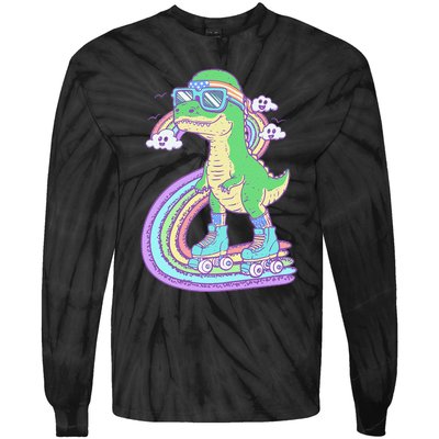 Retro Roller Skating Dinosaur With Rainbow And Cloud Friends Tie-Dye Long Sleeve Shirt