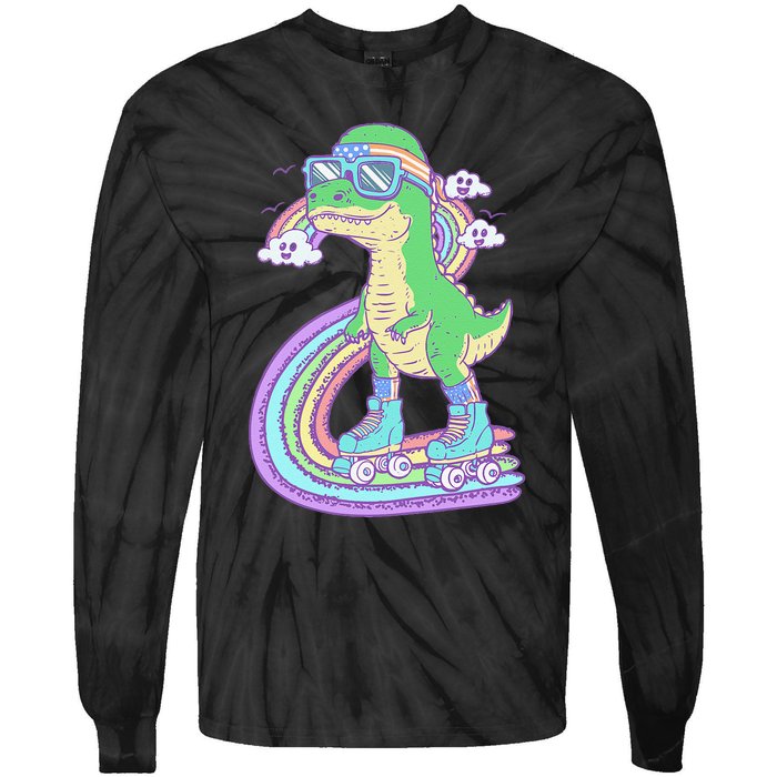 Retro Roller Skating Dinosaur With Rainbow And Cloud Friends Tie-Dye Long Sleeve Shirt