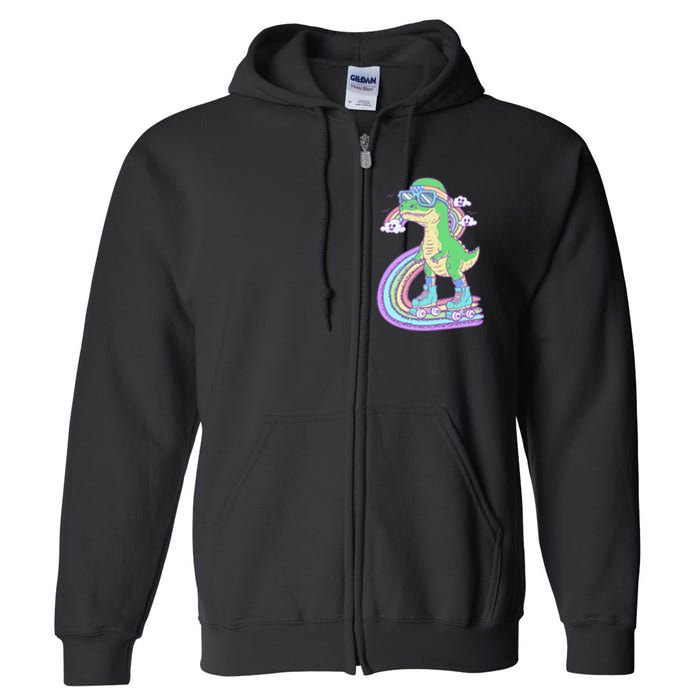 Retro Roller Skating Dinosaur With Rainbow And Cloud Friends Full Zip Hoodie