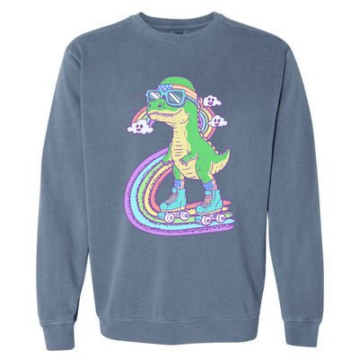 Retro Roller Skating Dinosaur With Rainbow And Cloud Friends Garment-Dyed Sweatshirt