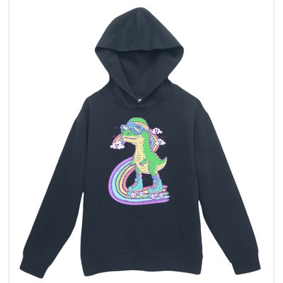 Retro Roller Skating Dinosaur With Rainbow And Cloud Friends Urban Pullover Hoodie