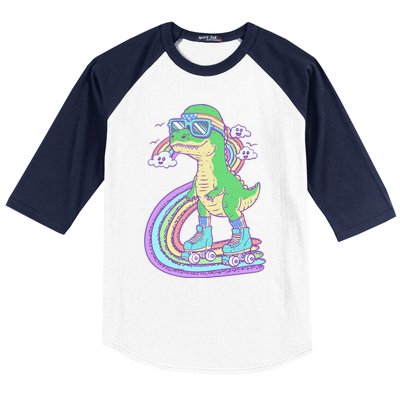 Retro Roller Skating Dinosaur With Rainbow And Cloud Friends Baseball Sleeve Shirt