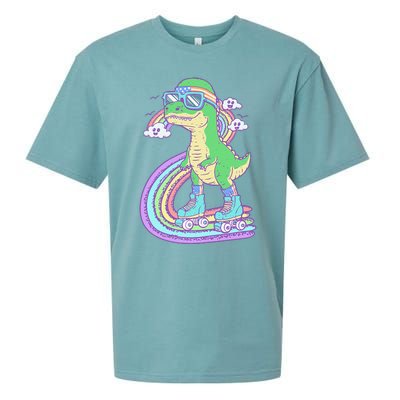 Retro Roller Skating Dinosaur With Rainbow And Cloud Friends Sueded Cloud Jersey T-Shirt