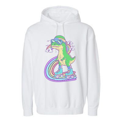 Retro Roller Skating Dinosaur With Rainbow And Cloud Friends Garment-Dyed Fleece Hoodie