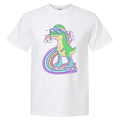 Retro Roller Skating Dinosaur With Rainbow And Cloud Friends Garment-Dyed Heavyweight T-Shirt