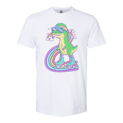 Retro Roller Skating Dinosaur With Rainbow And Cloud Friends Softstyle CVC T-Shirt