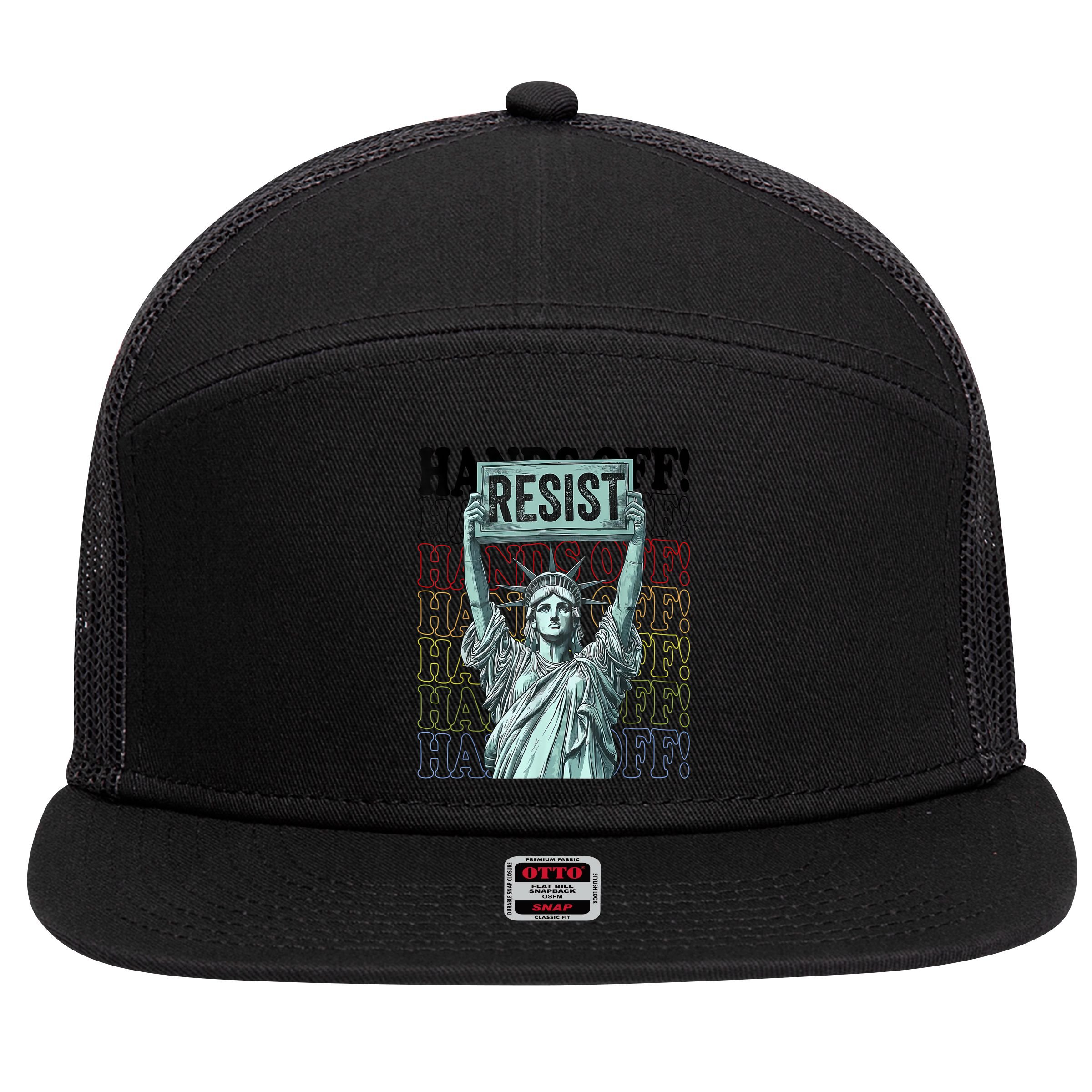 Resist Resistance Statue Of Liberty Hands Off Protest   7 Panel Mesh Trucker Snapback Hat