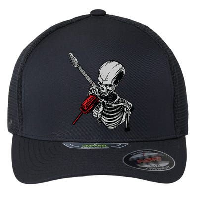 Rock Roll Skeleton Guitar Player Figurine Music Lover Flexfit Unipanel Trucker Cap