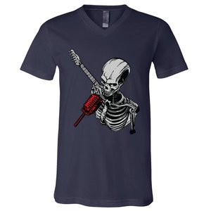 Rock Roll Skeleton Guitar Player Figurine Music Lover V-Neck T-Shirt