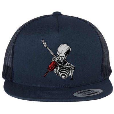 Rock Roll Skeleton Guitar Player Figurine Music Lover Flat Bill Trucker Hat