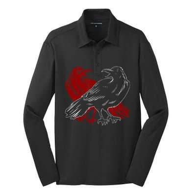 Red Raven Spooky Gothic Animal Forest Bird Black Crow Silk Touch Performance Long Sleeve Polo