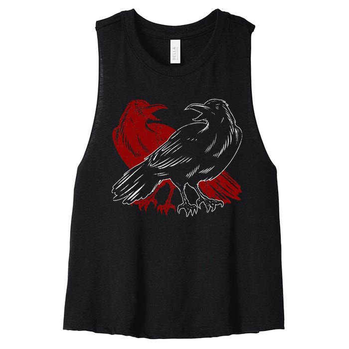 Red Raven Spooky Gothic Animal Forest Bird Black Crow Women's Racerback Cropped Tank