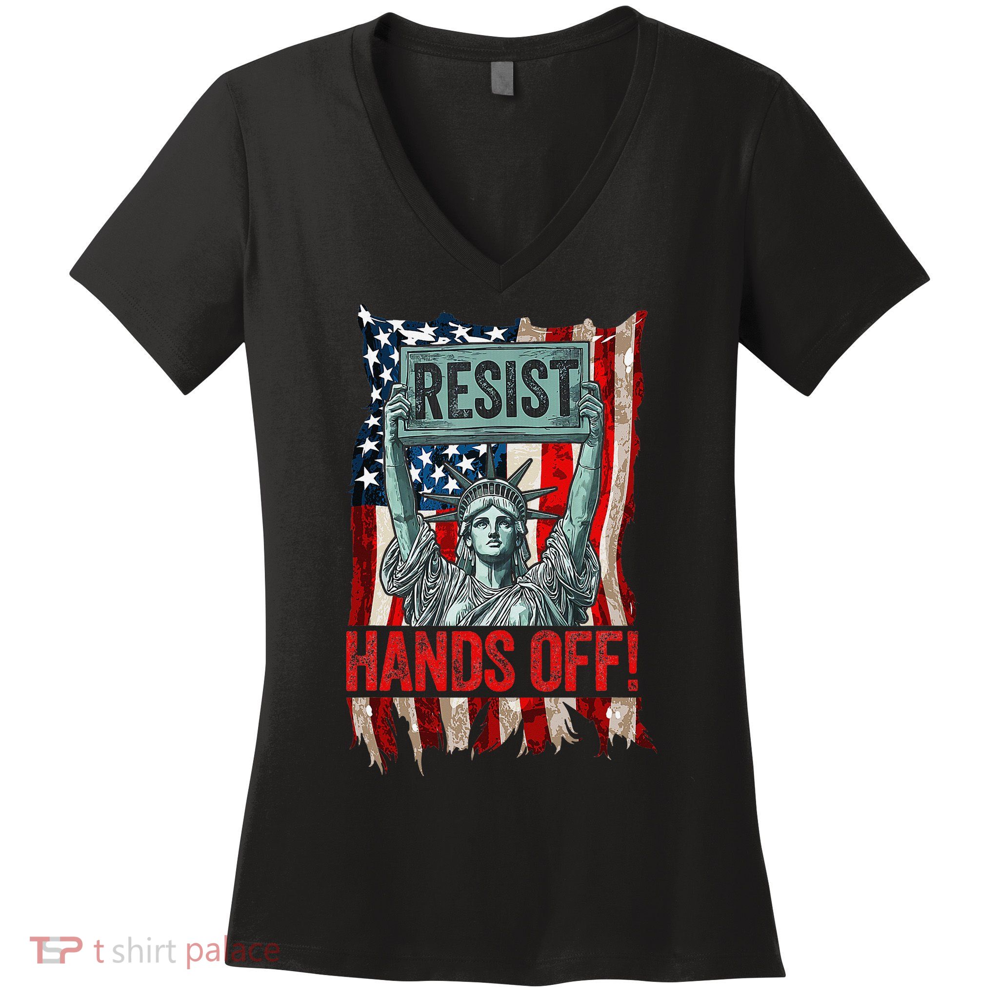 Resist Resistance Statue Of Liberty Hands Off Protest Retro Women's V-Neck T-Shirt