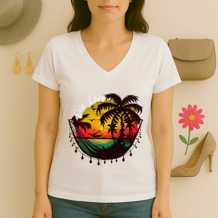 Rasta Reggae Sunset One Love Rastafari Jamaican Women's V-Neck T-Shirt